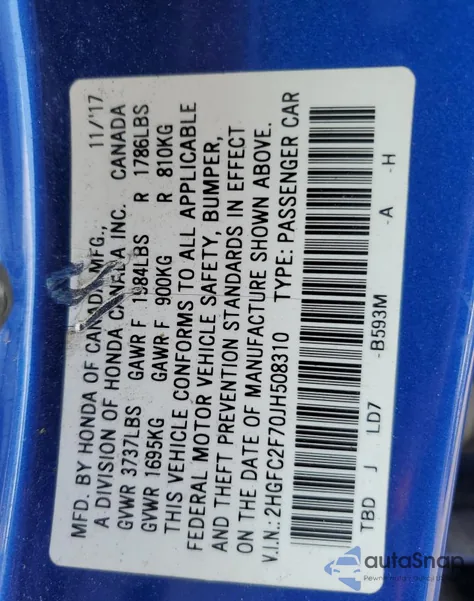 2018 Honda Civic Ex from USA, damaged, VIN 2HGFC2F70JH508310